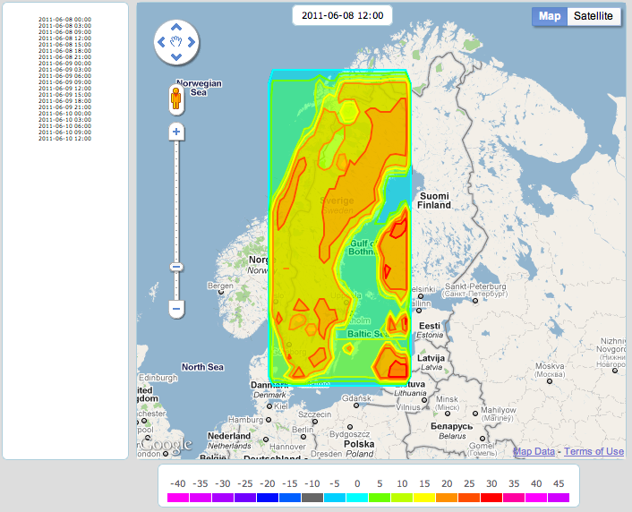 Example of temperature drawn on google maps